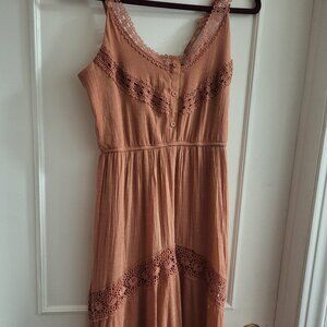 Rebellion Again Ruffled Boho Lace Maxi Dress - Rust/Terracotta size Large